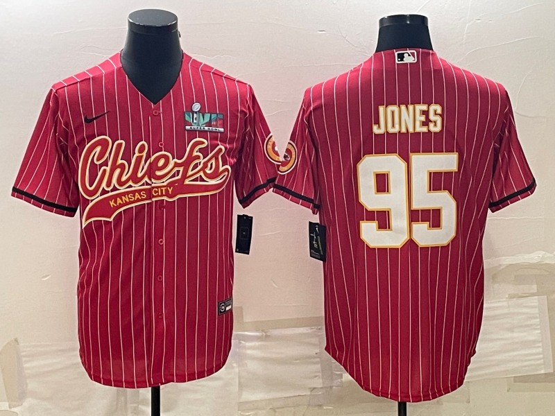 Men's Kansas City Chiefs #95 Chris Jones Red With Super Bowl LVII Patch Cool Base Stitched Baseball Jersey Men's Kansas City Chiefs #95 Chris Jones Red With Super Bowl LVII Patch Cool Base Stitched Baseball Jersey